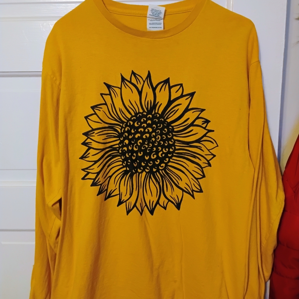 Hanes Yellow Long Sleeve Tee with Sunflower Design
